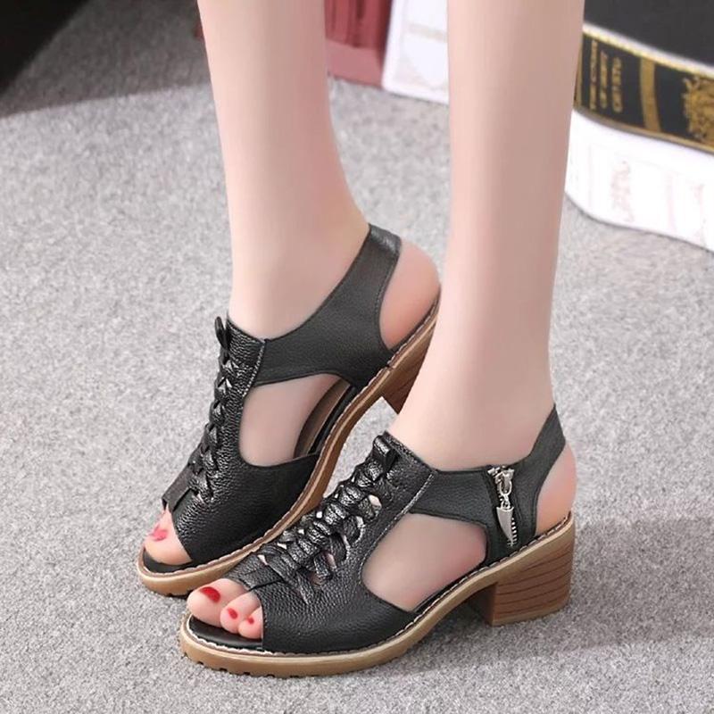 Thick Heel Sandals Female Summer Flat Bottom Korean Students Wild Fish Mouth Retro Princess Mid-heel Female Shoes