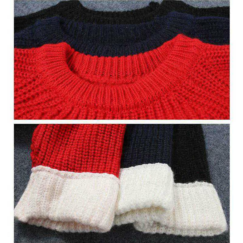 Long Sleeve White Cuffs Knitted Shirt O-Neck Loose Blouse Simple Color Christams