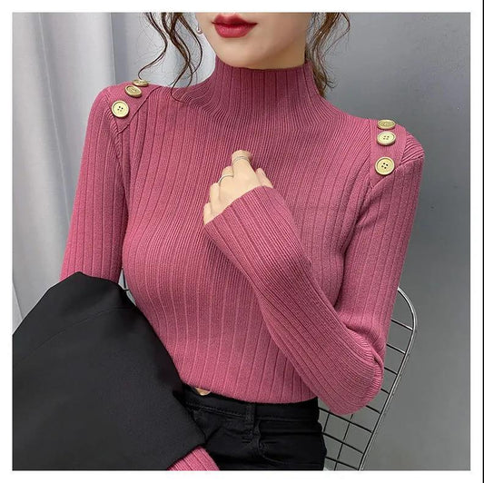 Half Turtleneck Button Sweater Women's Large Size Loose Pullover Bottoming Shirt Thickened Warm Knit Sweater
