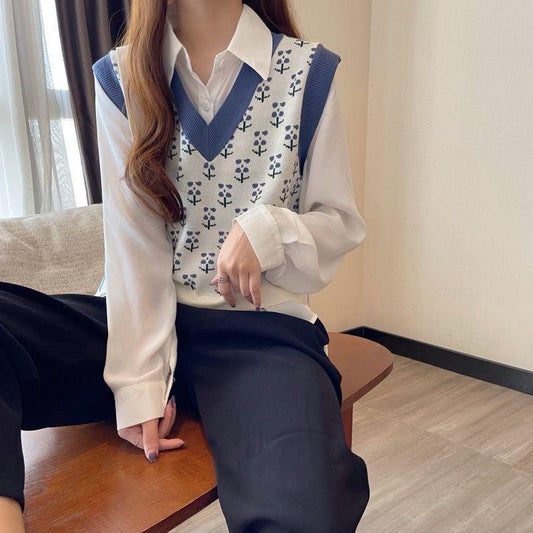 Women's Vest Layered Loose V-neck Sleeveless Knitted Autumn and Winter Short Sweater