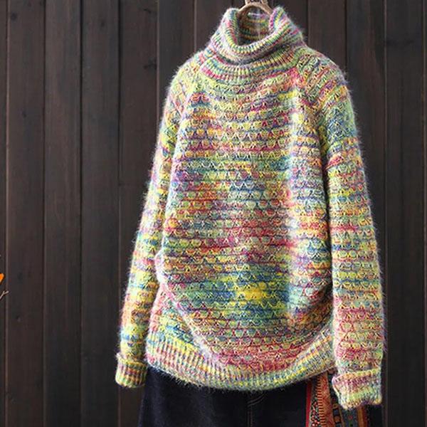 Women's Colorful Large Size High Collar Sweaters Autumn and Winter Loose Long Sleeve Bottomed Knitted Pullover