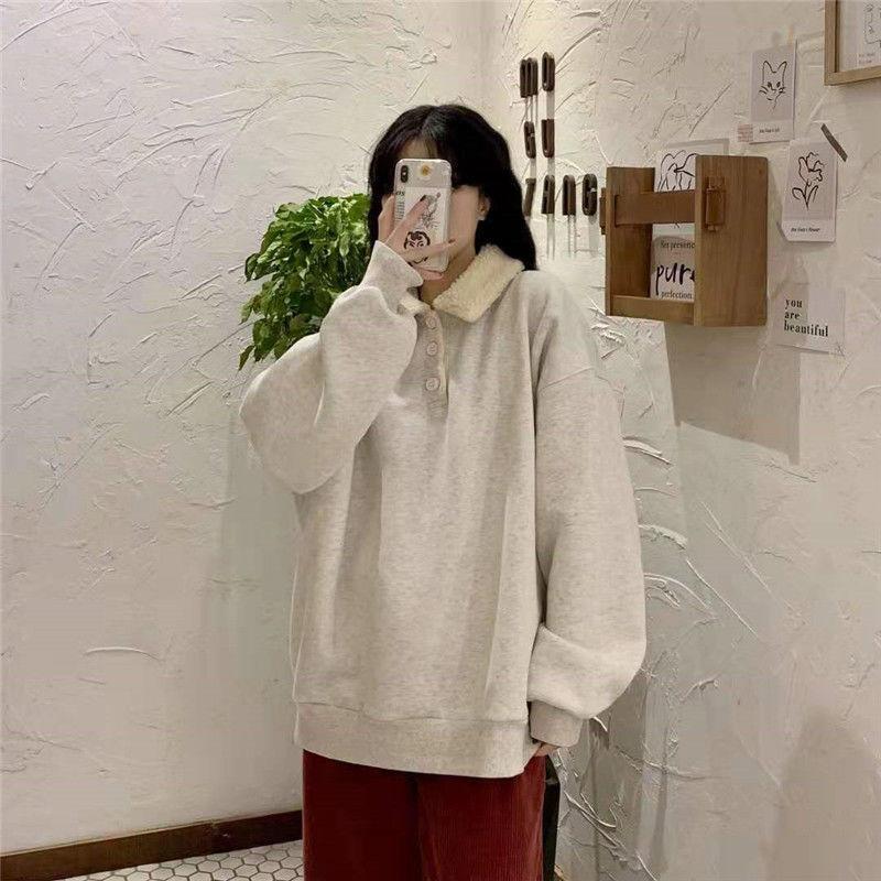 Autumn and Winter Loose Warm Pullover Sweater Women's Color Matching Polo Collar Jacket Jacket All-match Simple and Comfortable