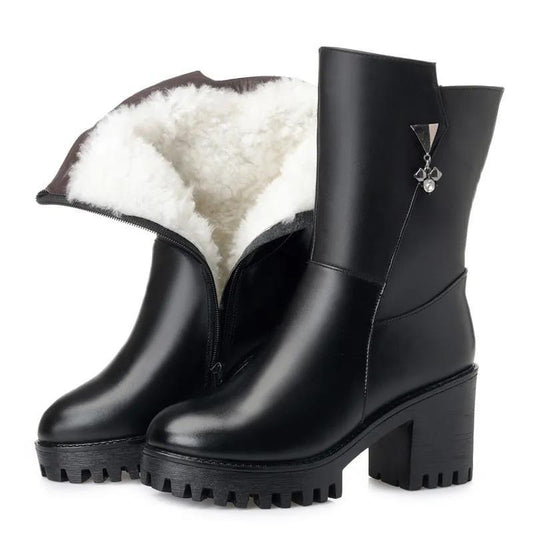 Winter Non-slip Cotton Boots Women's Mid heel Warm Martin Boots Plus Velvet Padded Shoes Thick soled Leather Shoes