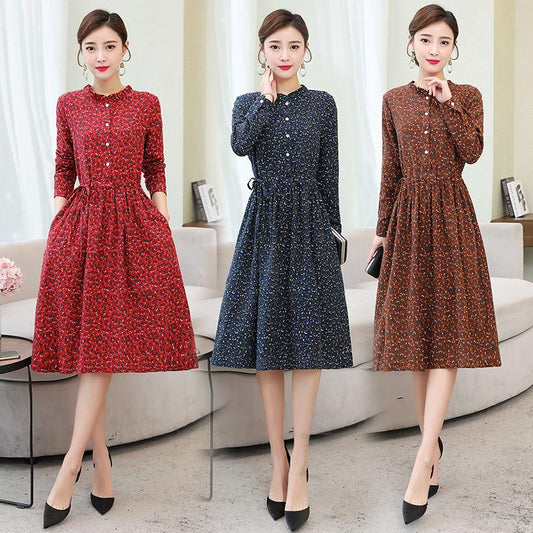 Floral cotton and linen retro printed long-sleeved dress women's ethnic skirt loose loose