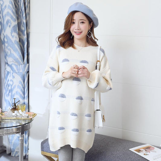 Fall/Winter Maternity Dress Long Sleeve Loose Fashion Top Color Block Round Neck Sweater