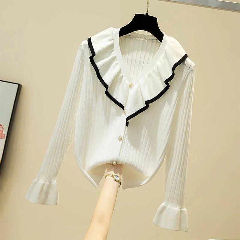 Autumn and Winter Simple V-neck Bottoming Shirt Color-blocking Ruffled Knitted Cardigan Sweet Girl Age Reduction Top
