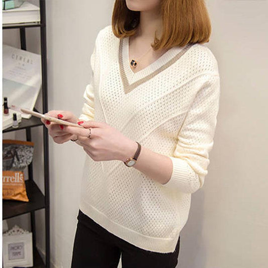 Spring and Autumn V-neck Knitted Sweater Fashion Long-sleeved Bottoming Shirt Short Plus Size Women's Top