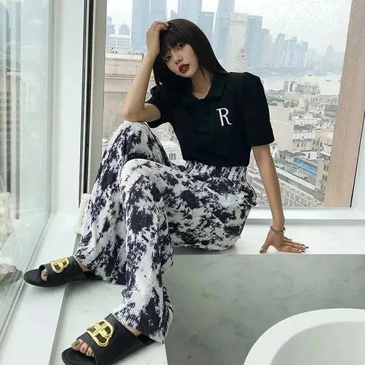 Wide Leg Pants Ladies High Waist Summer Pleated Tie-dye Loose Casual Pants Mopping Trousers