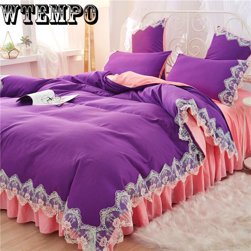 Quilted suit bed skirt four-piece lace quilt cover solid color princess wind comfortable soft cotton