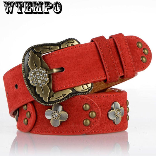 Fashion Wide PU leather belts for women Vintage Floral Pin buckle Woman belt High quality