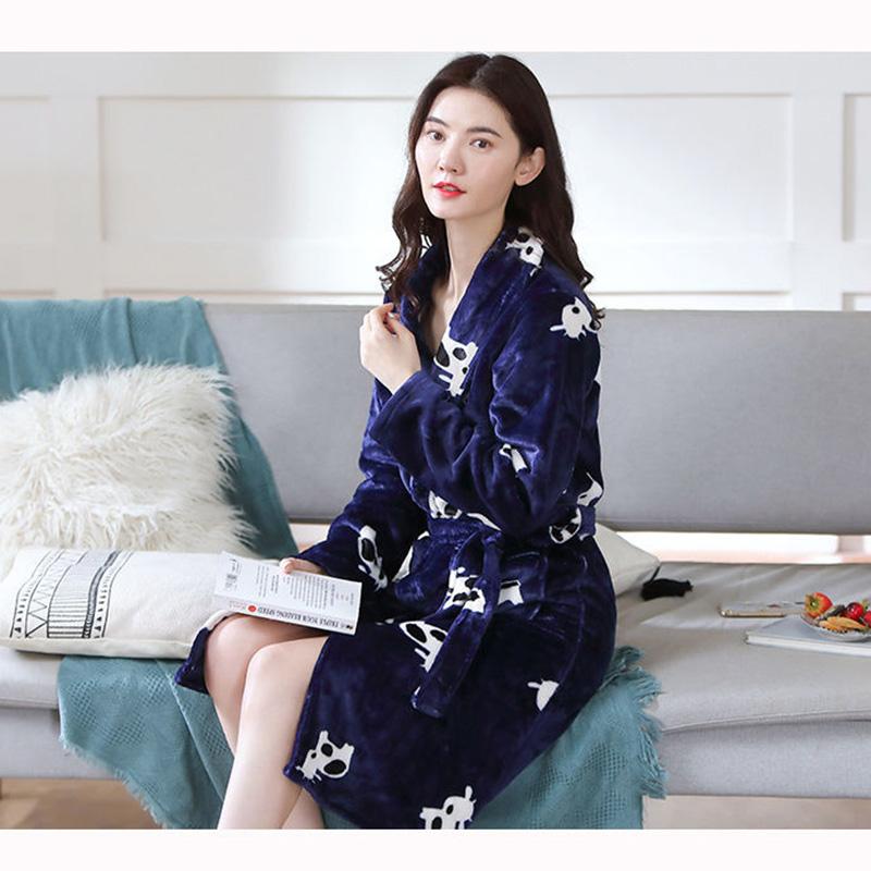 Women's Autumn Winter Coral Fleece Nightgown Mid-length Flannel Bathrobe Solid Color Printing Pocket Belted Dressing Gown Long Sleeves Thick Warm Robe