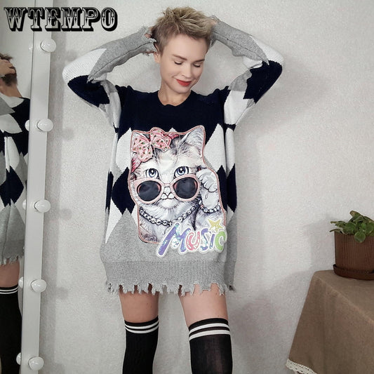 Autumn Winter Cartoon Print Tassel Sweater Women Mid-length Pullover Knitwear Loose Casual Jumper Outer Wear