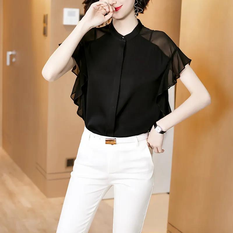 Women's Summer Chiffon Shirt T-shirt Loose Top Solid Color Short-sleeved Round Neck Shirt