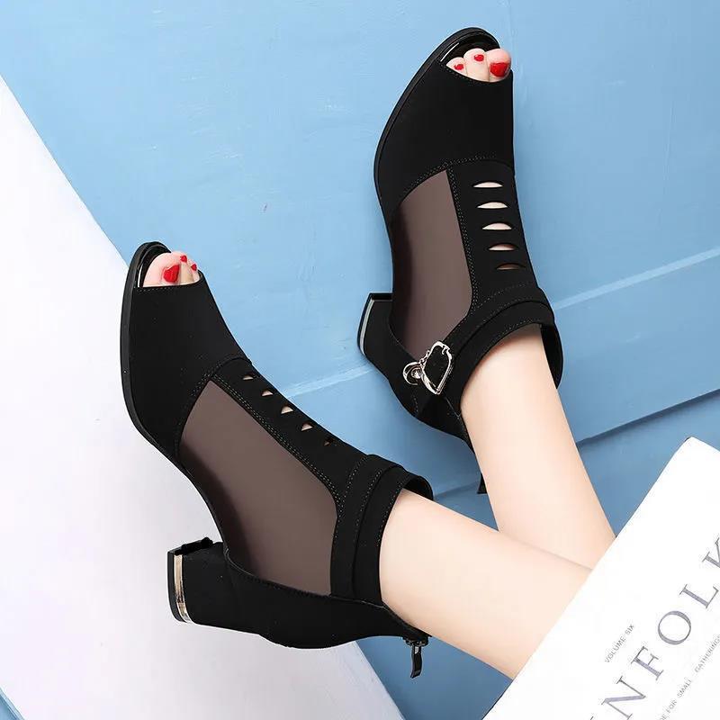 Black Thick-heeled Mesh Sandals Women's Middle-heeled Spring and Summer Breathable Mesh Shoes Fish Mouth Roman Shoes High Heels
