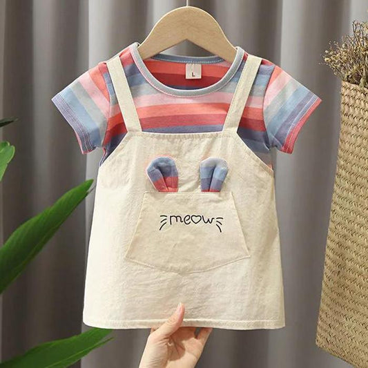 Children Dress Spring Summer O-neck Kids Clothing Baby Girls Clothing Printing Short Sleeve Fake Two Dress Girl