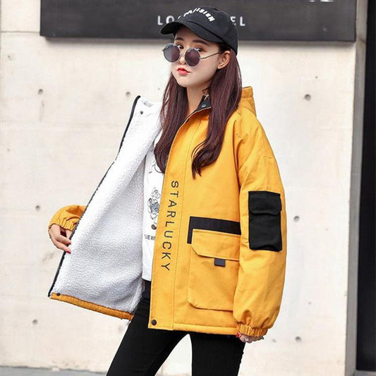 Plus Velvet Women's Jacket Autumn and Winter Fashion Loose BF Wild Cotton-padded Jacket Students Thickened Tooling Baseball Uniform