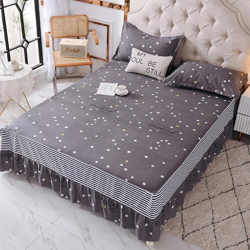 Bedding Cotton Bedroom Mattress Cover Korean Print Lace Mattress Anti-slip Protection Dust Cover