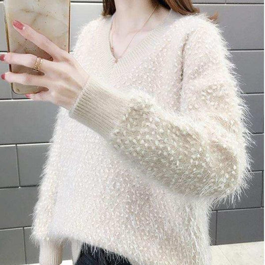 Korean Version of The Autumn and Winter Style Furry Bright Silk Sweater Women Loose Lazy Student Short V-neck Sweater All-match