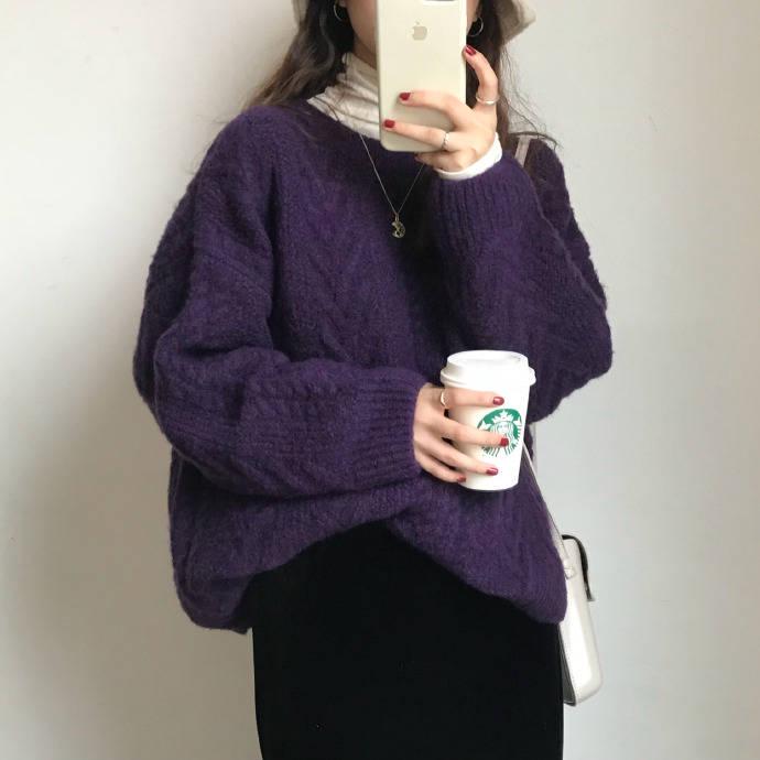 Thick Solid Color Twist Sweater Women's Winter Loose Round Neck Wild Knitted Jacket