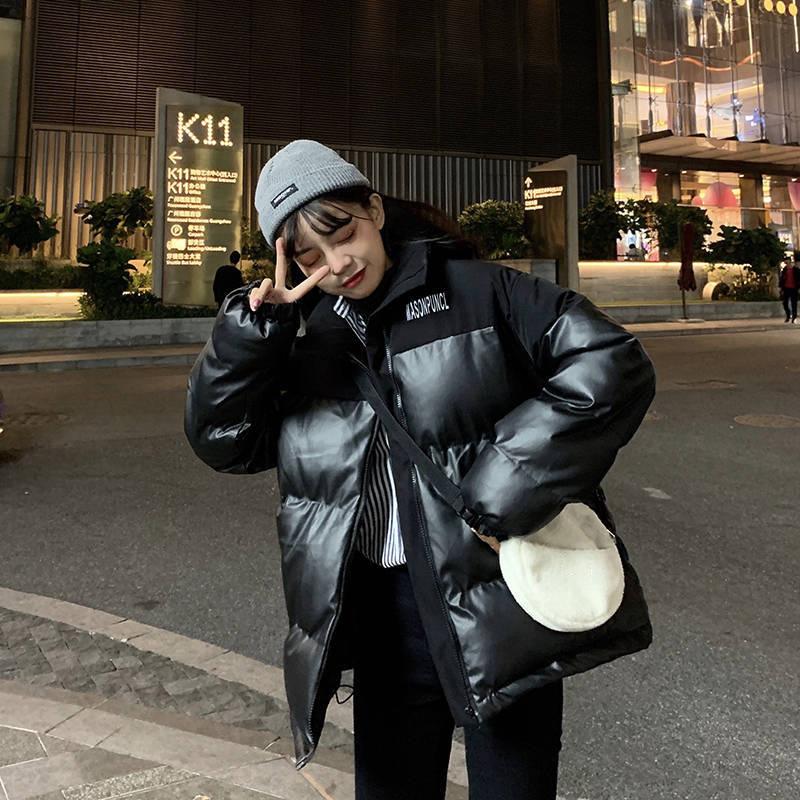 Winter Ins Loose Stitching Letter Printing Cotton-padded Jacket Women's PU Leather Stand-up Collar Warm and Windproof Bread Jacket