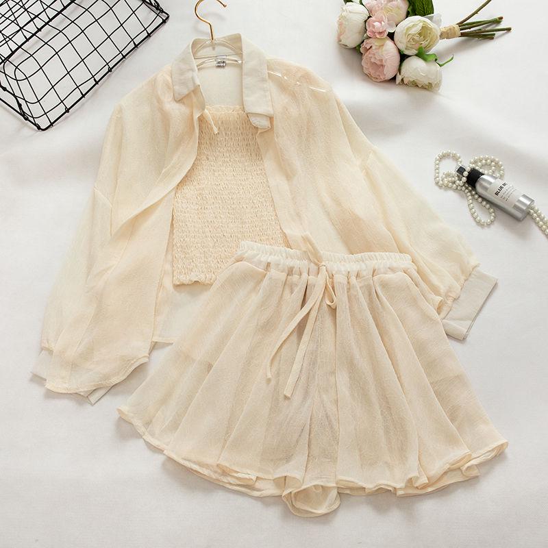 3pcs/set Women's Summer Shorts Sets Chiffon Cardigan Top Camisole Wide-leg Shorts Three-piece Set Women's Summer Outfits