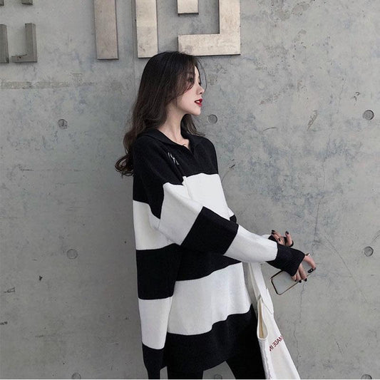 Spring Fashion Simple Sweater Striped Pattern Warm Jacket Mid-length Loose Young Women's Top