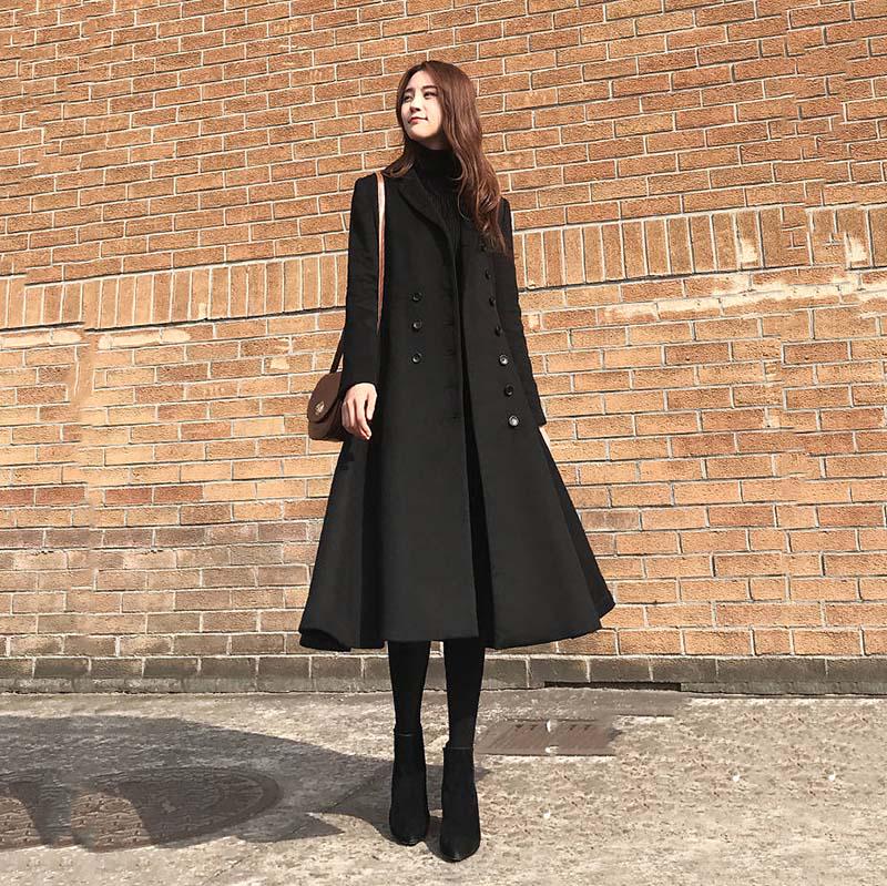 Coat Female 2019 Black Long Paragraph Over The Knee Coat Winter Double-breasted Woolen Coat Jacket
