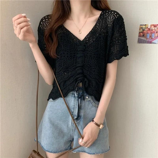 Hollow Knitted Sweater Summer Scheming Thin Short-sleeved Shirt Women's Top Korean Style Drawstring V-neck Short T-shirt Female Pullover Sweater Tee