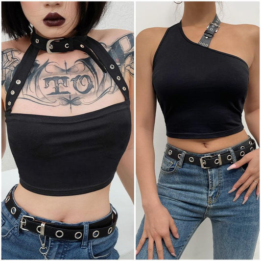 Punk Style Choker Halter Top Women Sexy Fashion Slim Cami Backless Buckle Top Summer Tank Tops