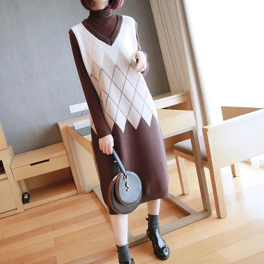 Women's Vest Sweater Dress Autumn and Winter Long Over The Knee Loose V-neck Sleeveless Vest Knitted Dress Temperament Base Lining