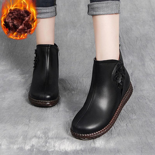 Plus Velvet Padded Cotton Shoes Short Boots Retro Anti-slip Tendon Bottom Real Soft Leather Boots Women