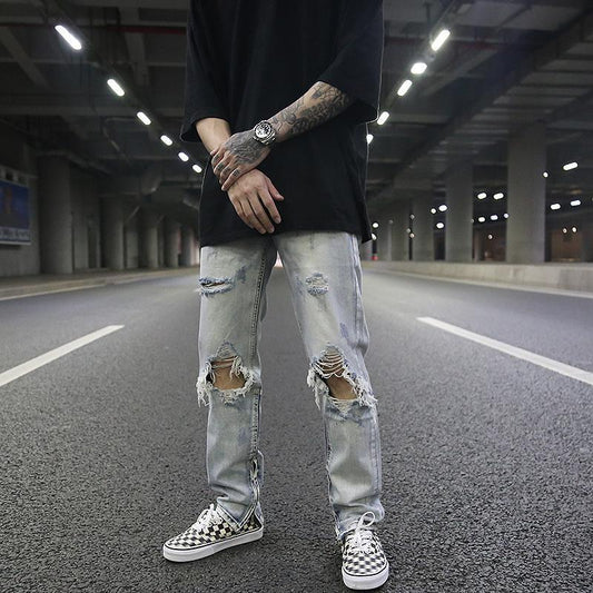 Classic Washed and Distressed Light Blue Ripped Cat Whiskers Slim-fit Jeans