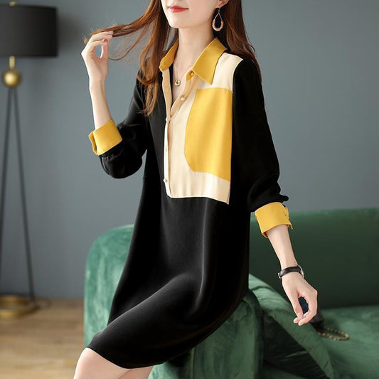 ChiffonTurn-down Collar 3/4 Sleeved Dress Spring and Autumn Large Size Loose Above Knee Length Buttons Color Stitching