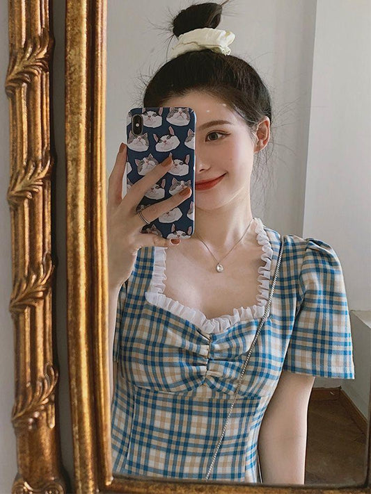 Female Vintage Elegant Plaid Square Neck Bubble Sleeve Vacation Dress Slim Graceful Short Holiday Dress