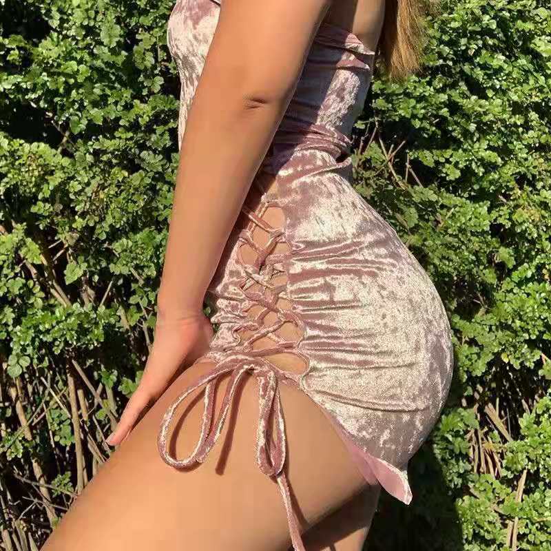 Female Summer Bra Tight Dress Party Club Slim Cut Out Strap Split Buttock Short Dress