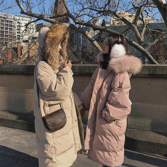 Women's Mid-length Padded Coat Loose and Thick Fluffy Big Fur Collar Down Coat Over-knee Padded Jacket Bread Coat Winter Thick Warm Coat
