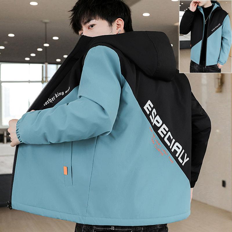Thin Spring and Autumn Jacket Men's Handsome Loose Hooded Work Jacket Men's Temperament Short Long-sleeved Warm Zipper Jacket