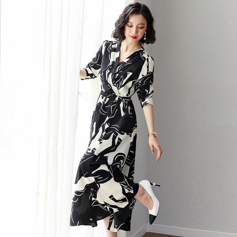 Floral skirt woman long dress large size long sleeve dress female spring and autumn clothing
