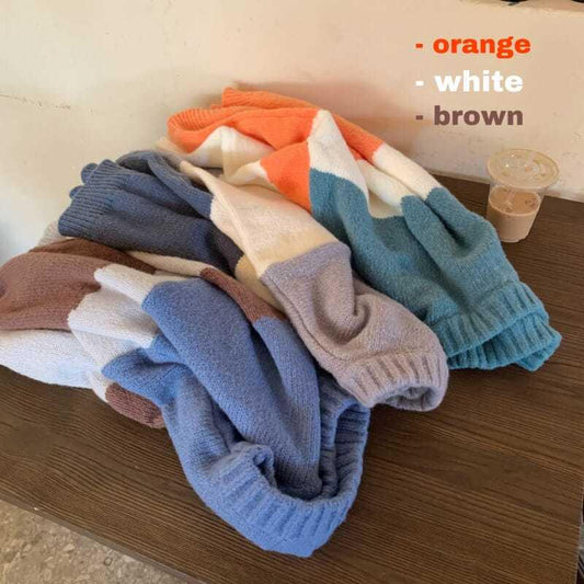 Winter Color Matching Hip-hop Round Neck Pullover Sweater Women Loose Wearing Thick Sweater