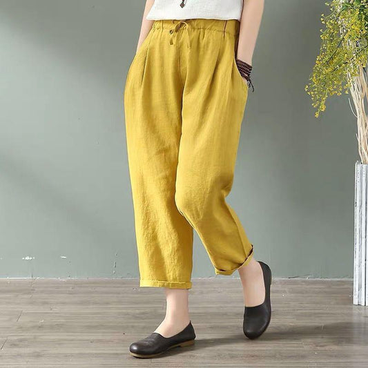Summer Women Harem Pants All-matched Casual Cotton Pants Elastic Waist Plus Size Yellow White Jeans