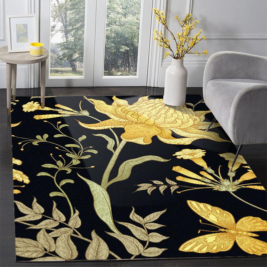 Household Carpet Pastoral Style Retro Black Bottom Yellow Flower Carpet Bedroom Living Room Doormat Bedside Carpet Floor Mat