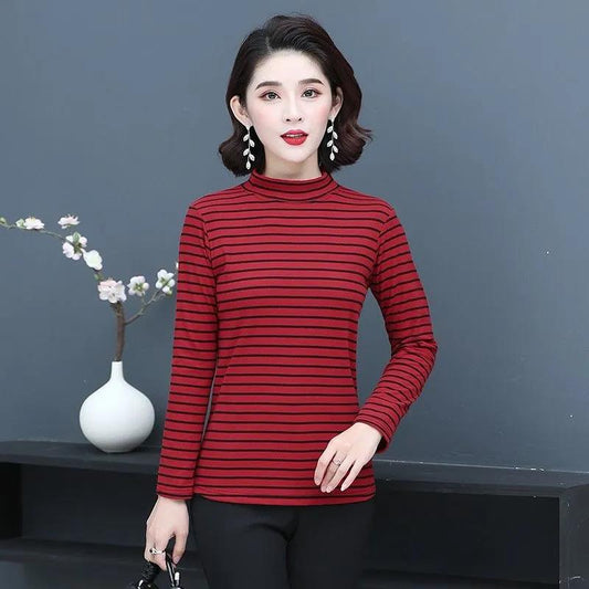 Spring and Autumn Long Sleeve T-Shirt Slim Striped Top Casual Half Turtleneck Bottoming Shirt