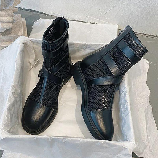 Women's Soft Leather and Mesh Martin Boots Summer Sandals All-match Back Zipper Flat Ankle Boots