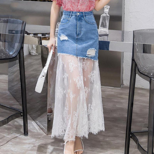 European and American Bag Hip Mesh Fashion Long Skirt Women's High Waist Denim Bias Cut Lace Stitching Skirt