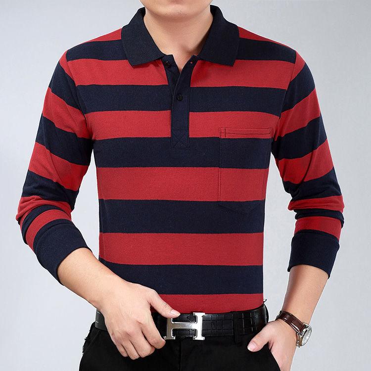 Autumn Long-sleeved POLO Shirt Lapel Pocket T-shirt Business Plus Size Striped Bottoming Shirt Suitable for Business Men, Middle-aged and Elderly Men