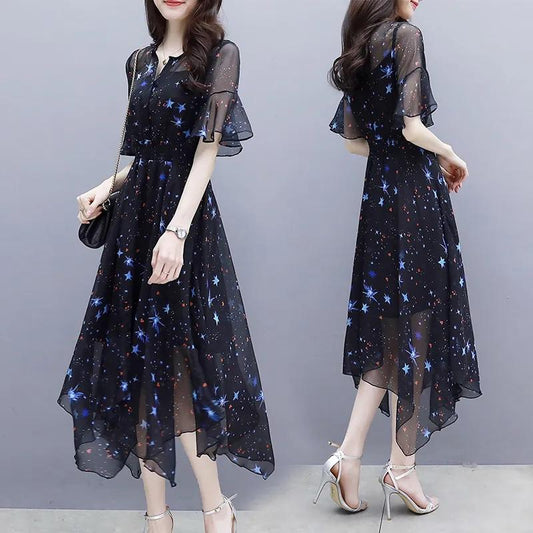 Dress Women Elegant Formal Women's Floral Dress Summer Slim Chiffon Dress Waist Slim Beach Chic Dress