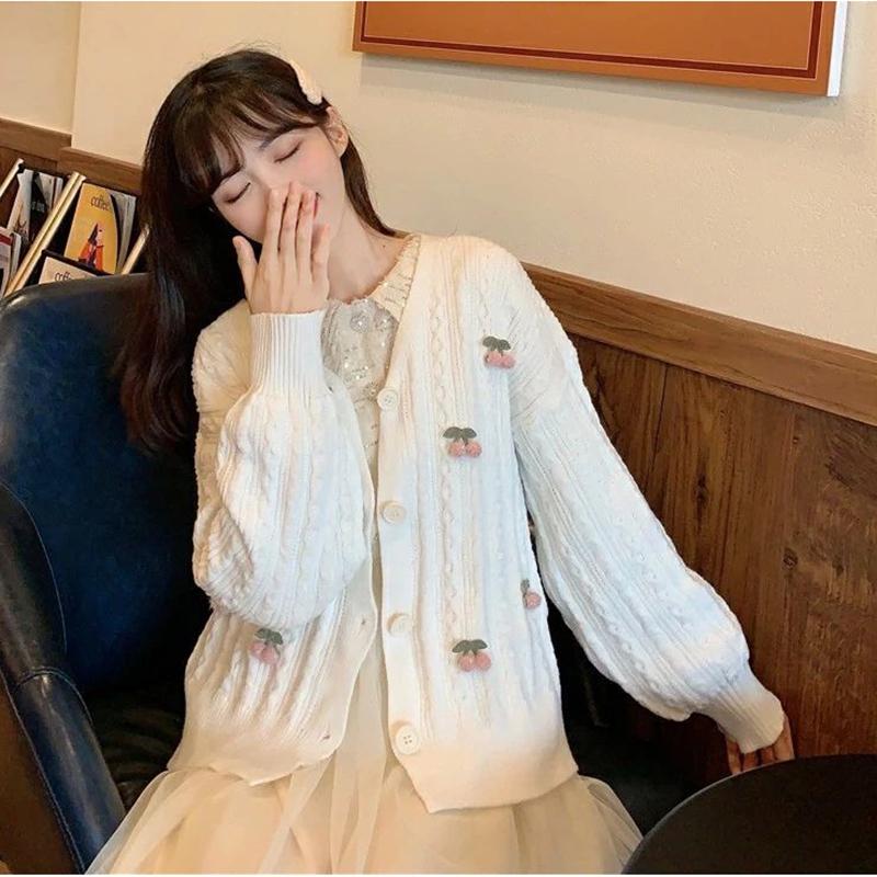 Cardigan Knitwear Sweet Puff Sleeve Short V-neck Cherry Sweater Women's Top Long Sleeve Warm Loose Sweater Jacket