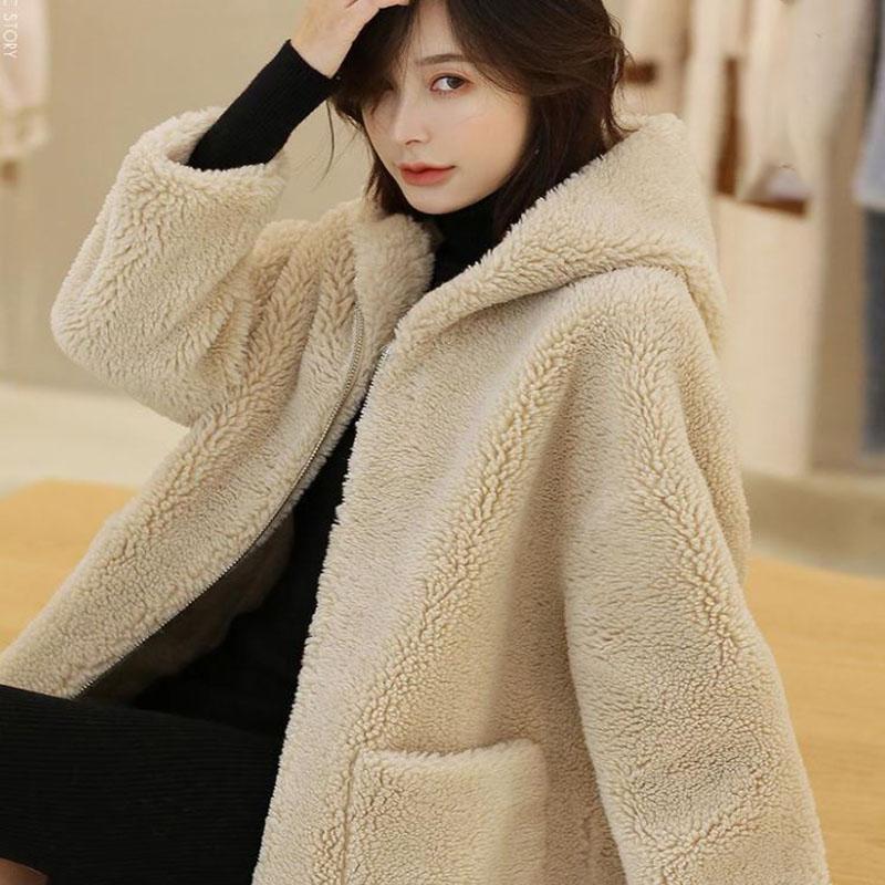 Faux Fur Coat Winter Korean Fashion Mid-length Hooded Lamb Fur Fur One Thick Coat Sheep Shearing Coat