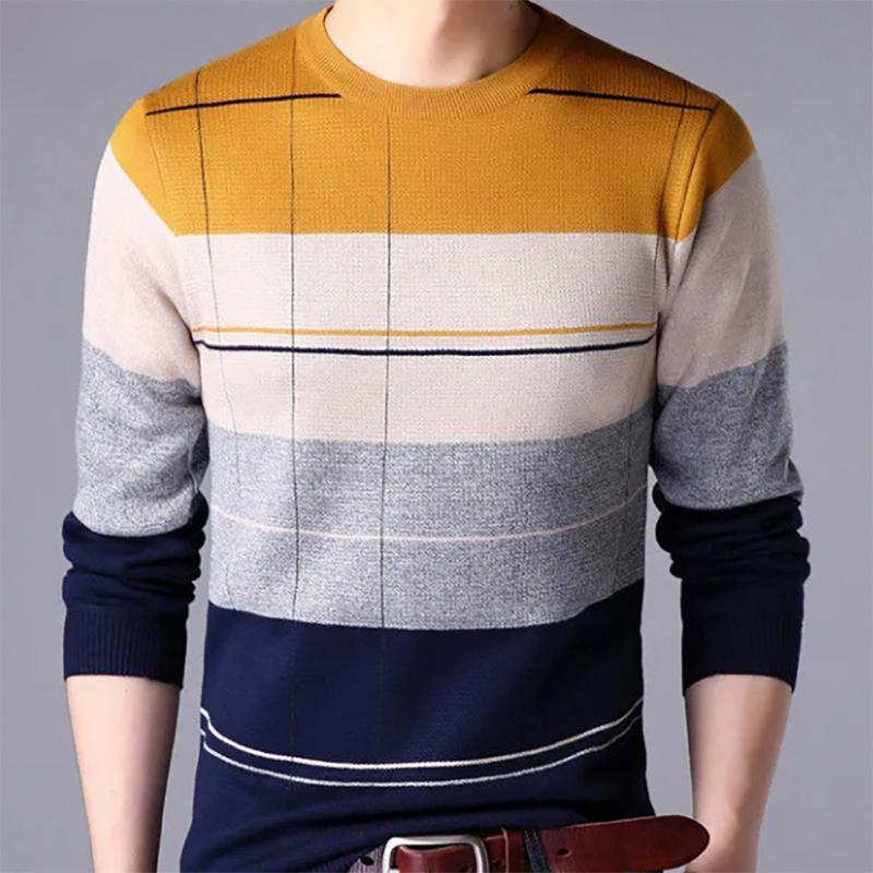 Genuine Men's Sweatshirts Long-sleeved Knit Sweater Plus Velvet Thick Sweater Youth Autumn and Winter Round Neck Stripes