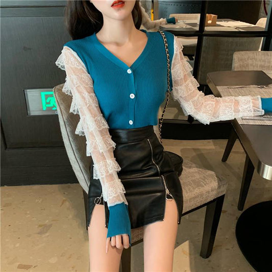 Pofulove Lovely Crew Neck Lace Cuffs Base Knitwear Skin-friendly High Elastic Button Jumper Sweater
